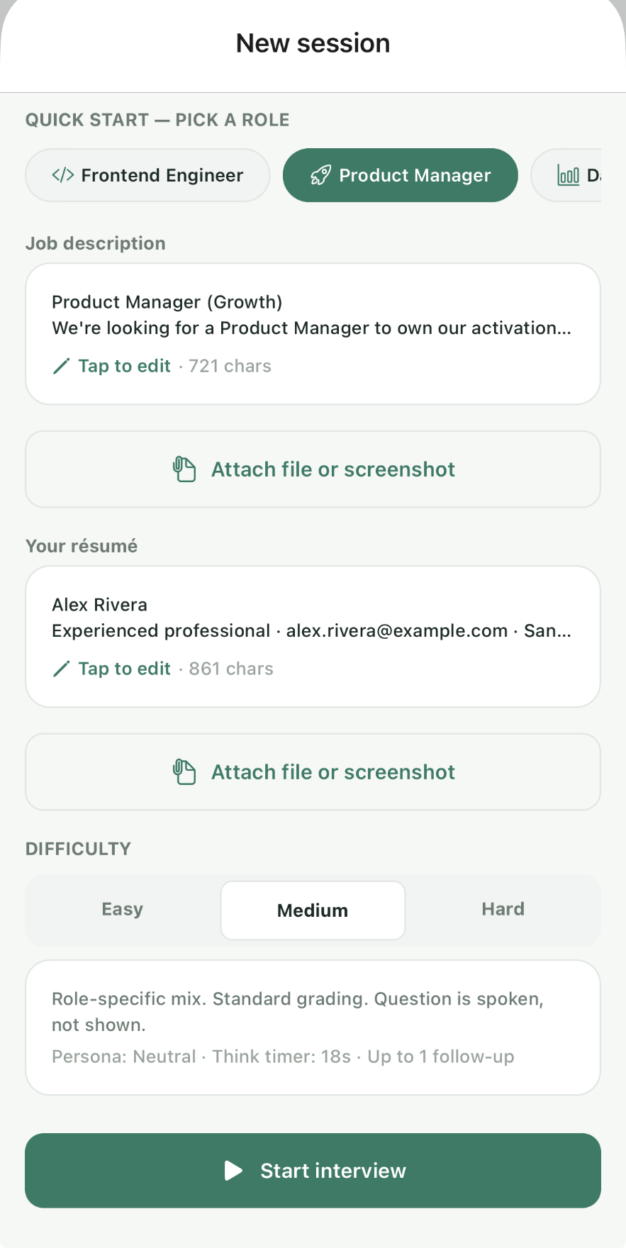 Cadence app screenshot showing the new interview session screen