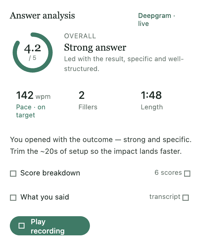 Cadence scorecard showing answer feedback with pace, fillers, and length metrics